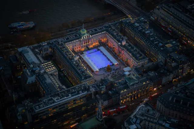 Aerial photograph of ice skating at Somerset House