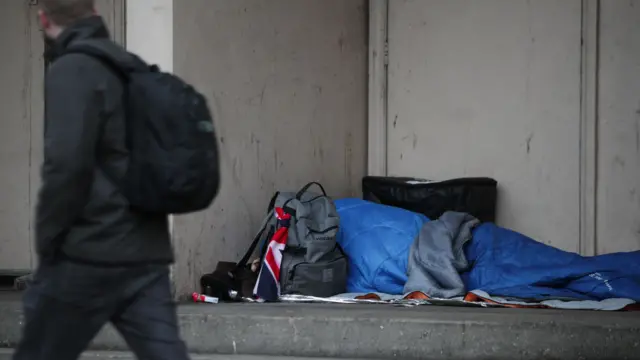 Homeless person sleeping rough in a doorway