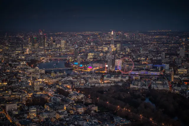 London from the air looking towards the Southbank