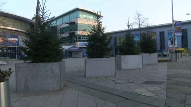 Christmas trees outside Nottingham Arena