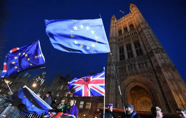 EU flags and Union flags outside Parliament