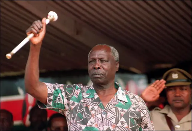 Kenya's President Daniel Arap Moi, who is also the leader of the ruling Kenyan African National Union (KANU) party shown in a picture dated 28 December 1992 brandishing a stick as he addresses members of his party.