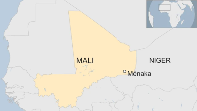 A map showing the location of Ménaka in Mali, close to the border with Niger.