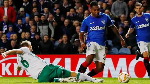 Rapid's Mario Sonnleitner pulls down Rangers' Alfredo Morelos