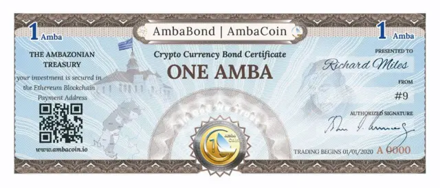 An "AmbaCoin" cryptocurrency bond certificate