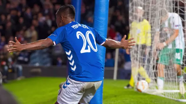 Rangers' Alfredo Morelos celebrates his second goal at Ibrox