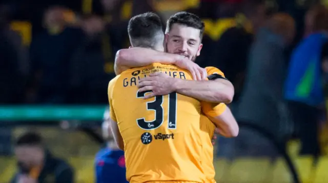 Livingston's Declan Gallagher and Craig Halkett celebrate