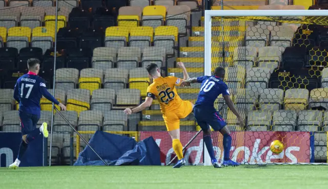 Livingston's Craig Halkett misses a chance in front of goal