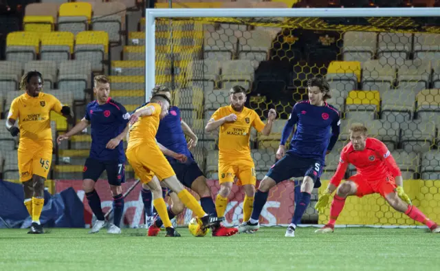 Livi striker Ryan Hardie fires towards the Hearts goal