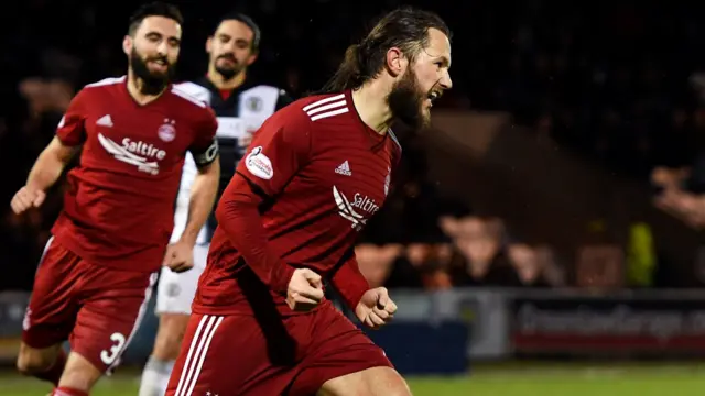 Stevie May celebrates after giving Aberdeen the lead