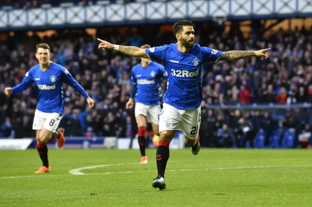 Rangers winger Daniel Candeias celebrates his fifth goal of the season