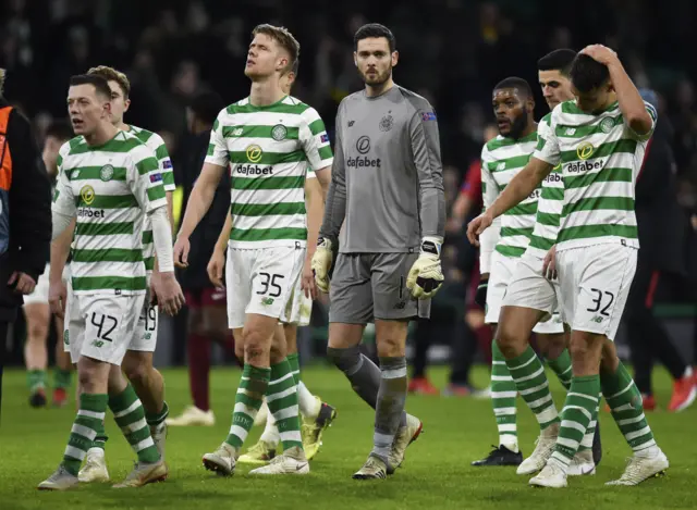 Celtic players salute the fans at full-time on Thursday