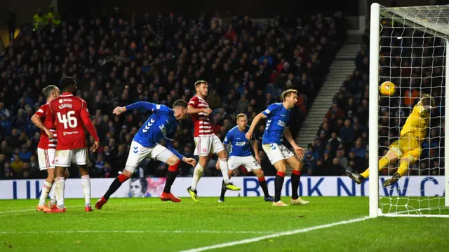 Kyle Lafferty's header is kept out by the diving Gary Woods