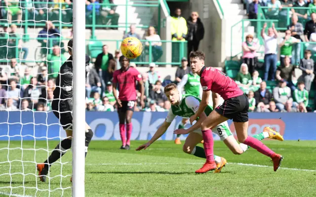 Vykintas Slivka steers Hibs into a 2-0 lead against Celtic with a deft header