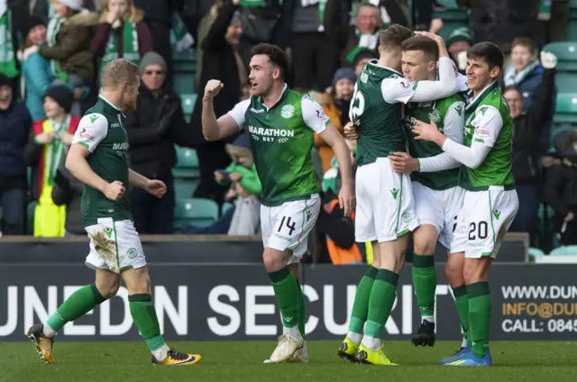 Hibernian celebrate Florian Kamberi's second-half goal