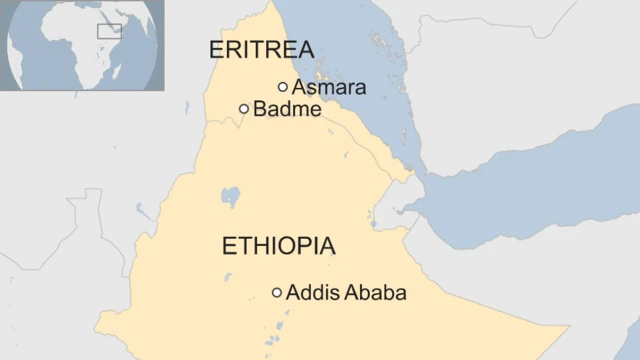 A map showing the  border town of Badame in relation to Eritrea and Ethiopia