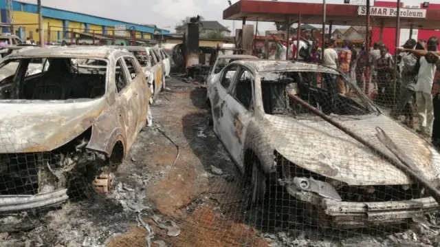 Cars destroyed in the fire at Abule-Egba, Lagos State, Nigeria