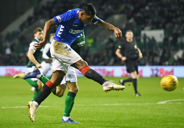 Alfredo Morelos shoots narrowly wide for Rangers in the second half