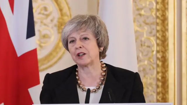 Theresa May at a press conference at Lancaster House