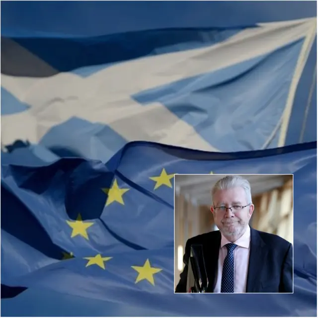 Saltire and EU flags, plus Mike Russell