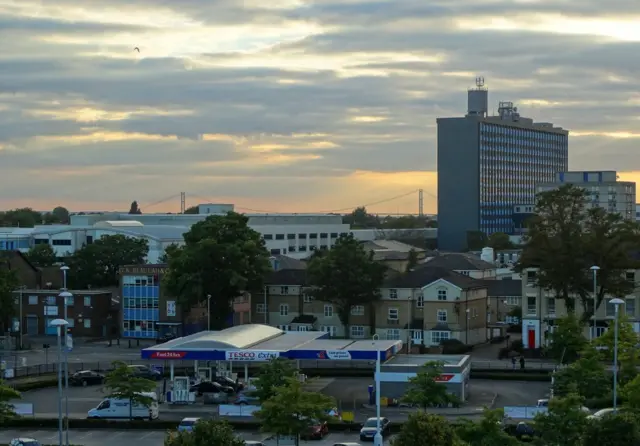 Hull Royal Infirmary with view to the Humber Bridge