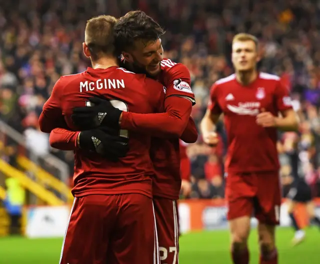 Aberdeen celebrate during the midweek victory at home to Dundee