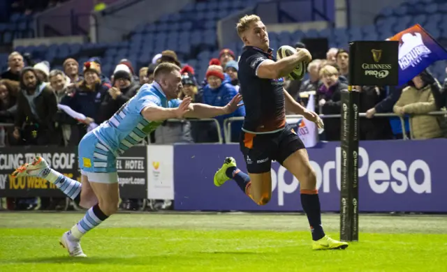 Edinburgh wing Duhan van der Merwe races in the corner to score the first try of the evening