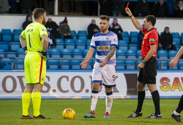 Morton's Kerr Waddell is shown a red card