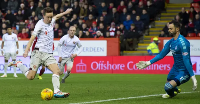 Hearts’ Steven MacLean has a first half chance well saved by Aberdeen goalkeeper Joe Lewis