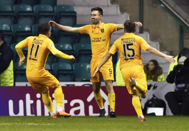 Ryan Hardie celebrates the opening goal at Easter Road