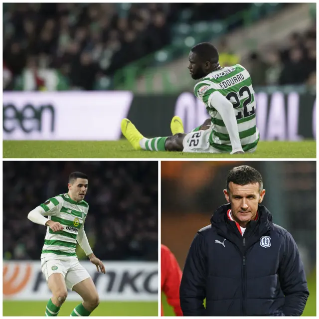 Clockwise from top: Celtic striker Odsonne Edouard, Dundee boss Jim McIntyre and Celtic midfielder Tom Rogic