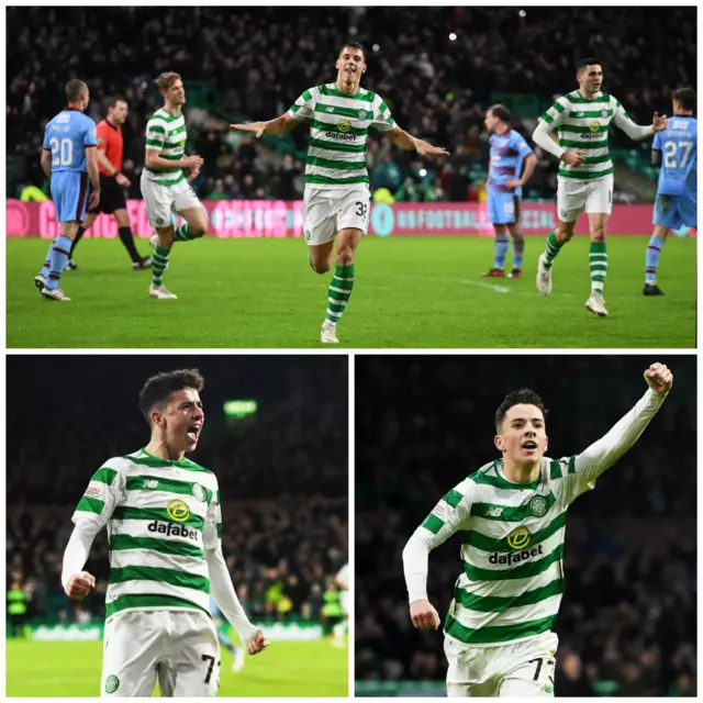 Clockwise from top: Filip Benkovic and Mikey Johnston were on target in Celtic's victory