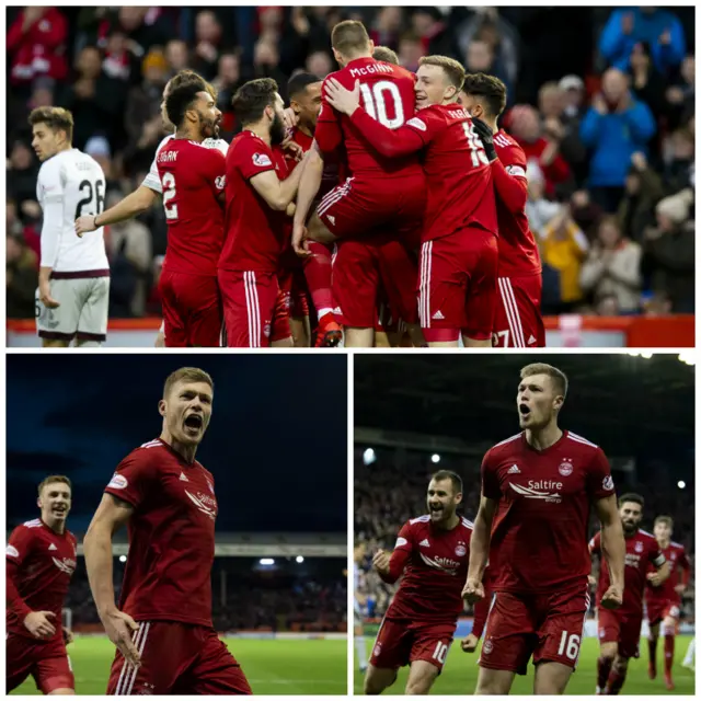 Aberdeen celebrate their victory against Hearts at Pittodrie