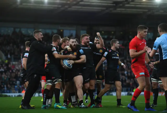 Exeter celebrate a try