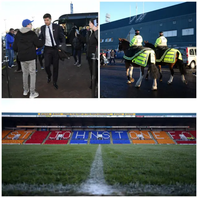Clockwise from top left: Rangers manager Steven Gerrard, police pounding the beat outside McDiarmid Park and the lush surface ahead of kick off