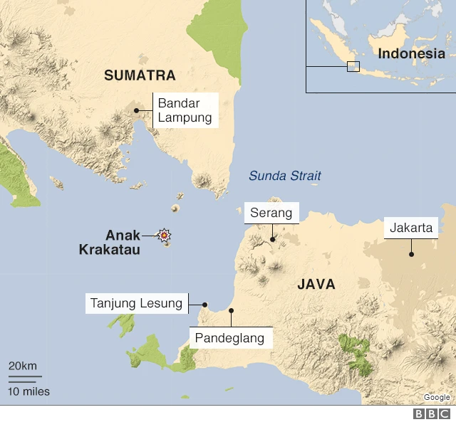 Map showing the areas affected by the tsunami