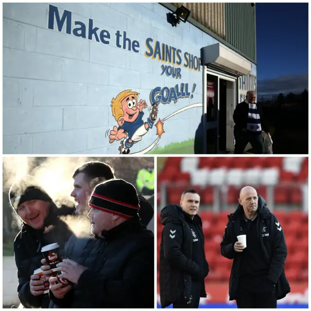 Clockwise from top: some Christmas shopping in the St Johnstone shop; Rangers assistant Gary McAllister, and supporters nurse a warm drink ahead of kick-off