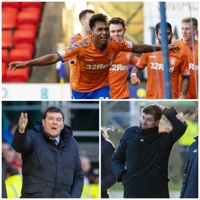 Clockwise from top: Rangers' two-goal hero Alfredo Morelos, Rangers manager Steven Gerrard and St Johnstone counterpart Tommy Wright