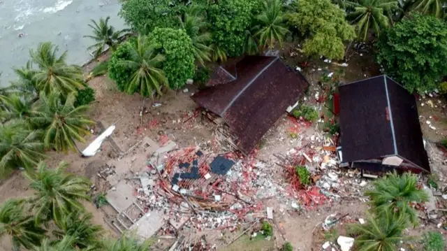 An aerial photo shows buildings damaged by the tsunami