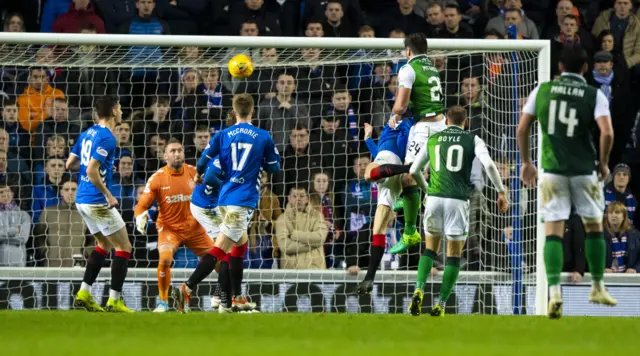 Darren McGregor nods in a late goal for Hibs at Ibrox to rescue a point for his side