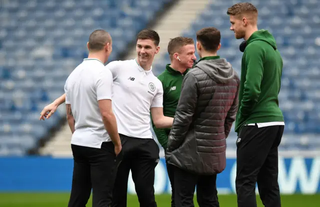 Celtic full-back Kieran Tierney has a laugh at Ibrox