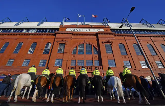 Police horses outside Ibrox Stadium