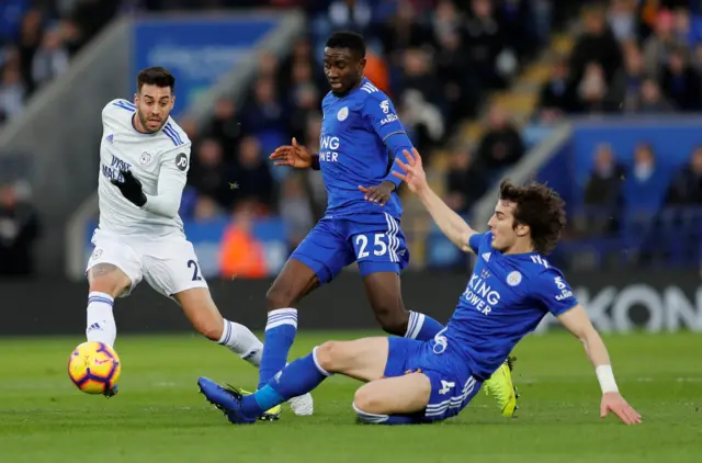 Cardiff's Victor Camarasa loses out to the Leicester defence