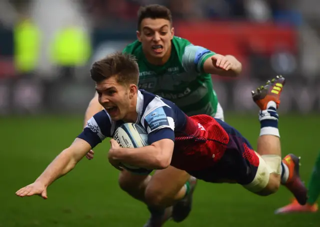 Bristol's Harry Ranndall dives over for a try