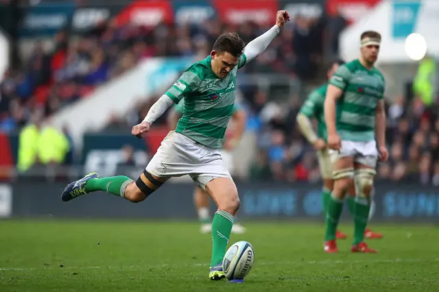 Toby Flood lands a kick for Newcastle Falcons