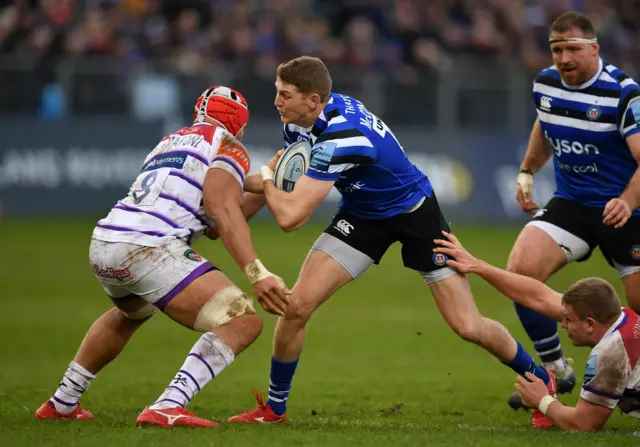 Ruaridh McConnochie of Bath in action against Leicester