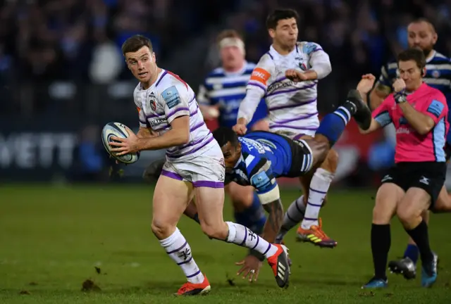 George Ford of Leicester Tigers skips through the tackle of Semesa Rokoduguni of Bath