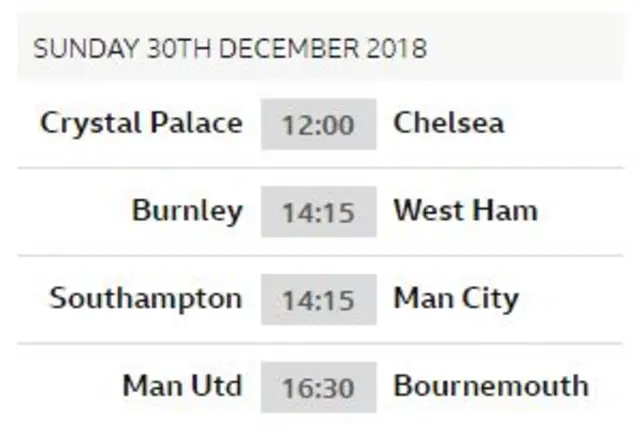 Sunday's fixtures