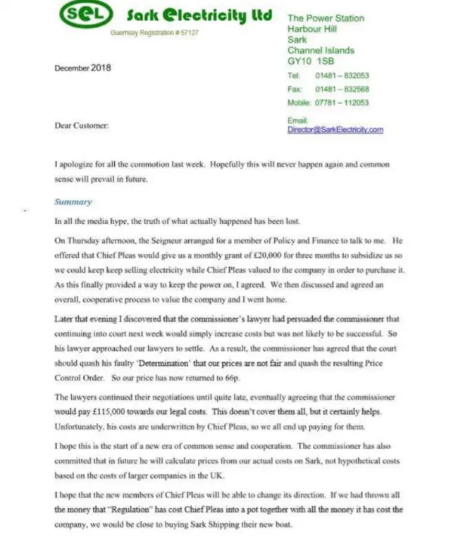 letter to Sark Electricity customers