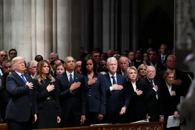 President Donald Trump, first lady Melania Trump, former President Barack Obama, former first lady Michelle Obama, former President Bill Clinton, former Secretary of State Hillary Clinton, and former President Jimmy Carter and former first lady Rosalynn Carter at service